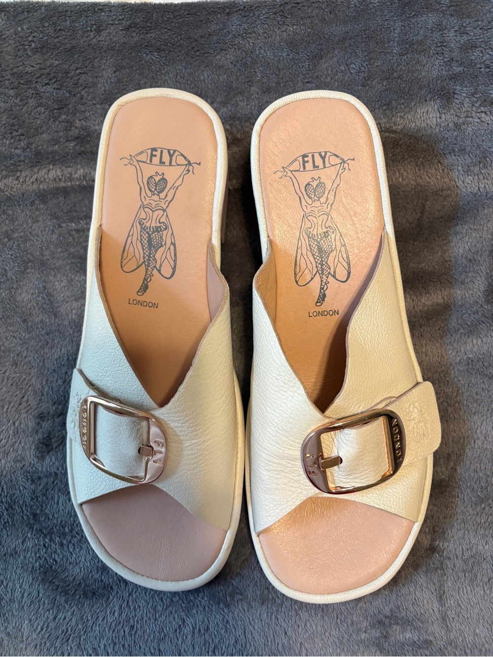 FLY London Women's Cream Slide Sandals with Buckle